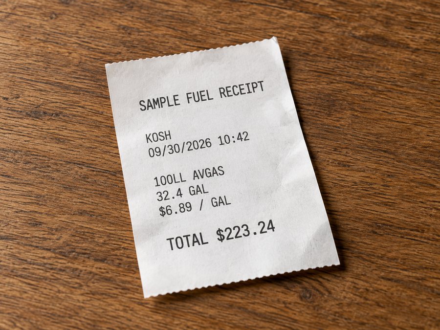 A sample fuel receipt: KOSH, 09/30/2026, 32.4 gallons of 100LL at $6.89 a gallon, $223.24