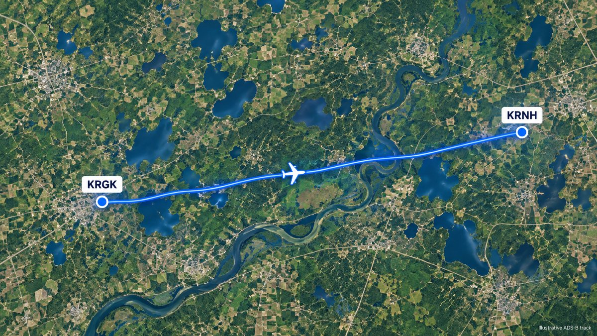 Satellite map of a flight's ADS-B track from KRGK to KRNH (illustrative)